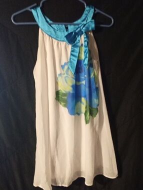 Holiday Editions Cream Dress with Teal Neckline and Blue-Green Floral
